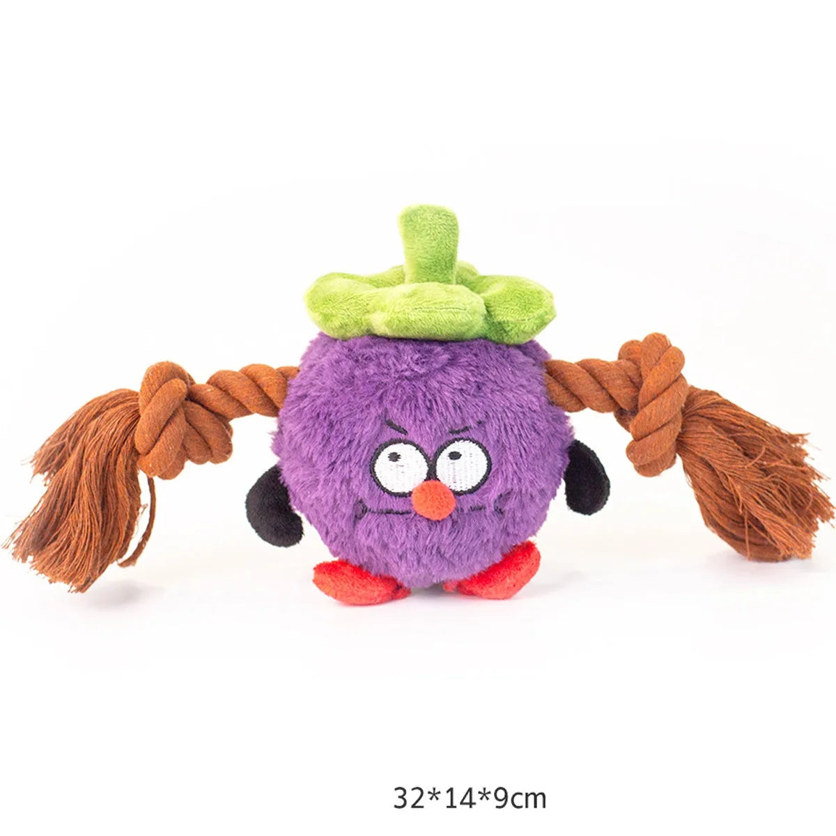 Green or purple plush rope knot dog toy with built-in molar tooth elements for tug-of-war and dental play