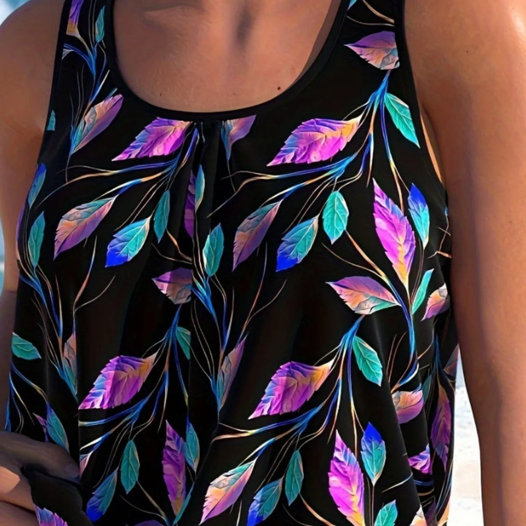 Women's solid colour swimsuit with leaf pattern design showing top and shorts