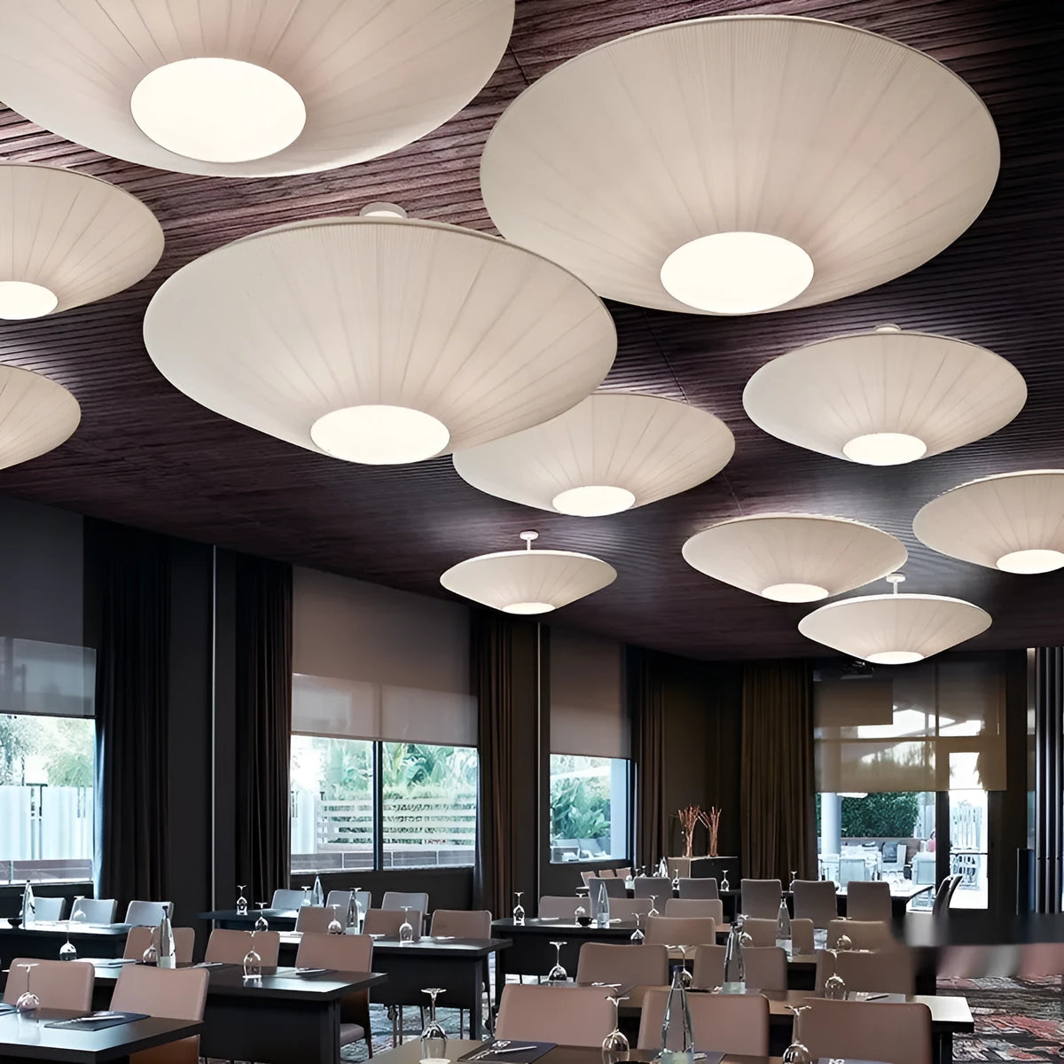 Minimalist ceiling lamp in white or beige, 50cm or 60cm diameter, alloy and fabric, warm light