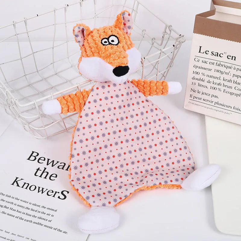 Brown velvet fox-shaped pet toy with sound element for interactive cat and dog play