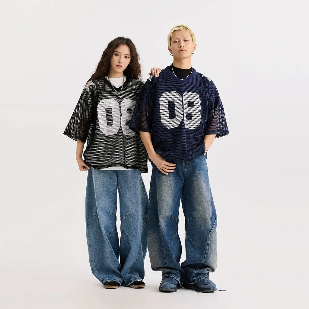 Black and navy blue half sleeve pullover shirt with letter pattern in loose fit