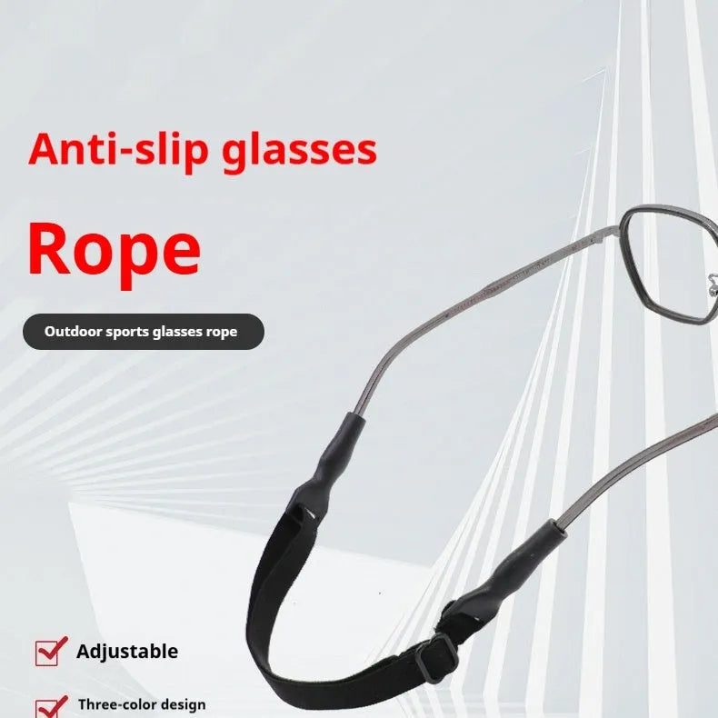 Black adjustable glasses cord strap with silicone earpiece ends shown on spectacles