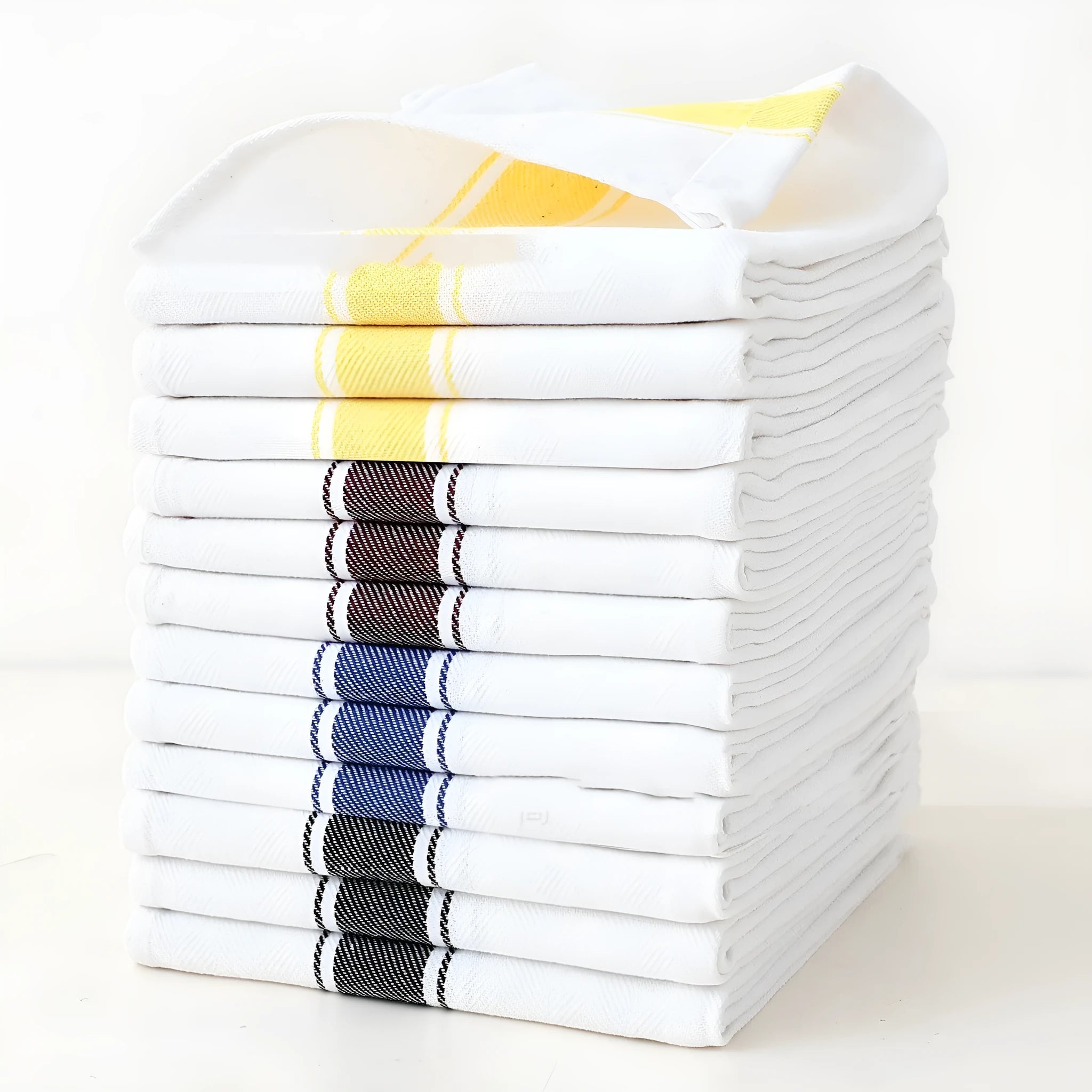 Pack of twelve striped cotton dish towels measuring 48 by 70 centimetres for kitchen use