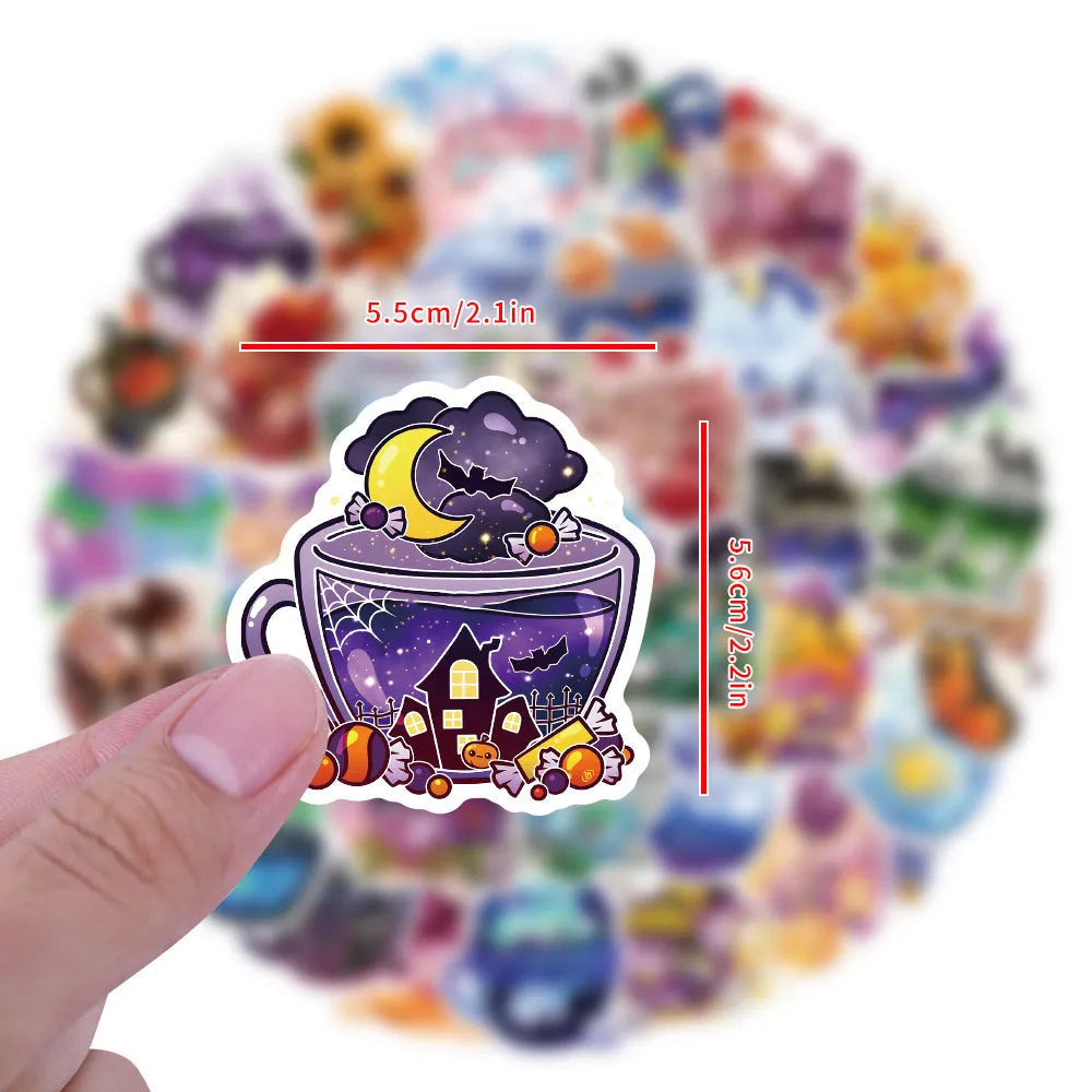Colourful tea cup graffiti design waterproof stickers in a pack of 50 for DIY decoration.