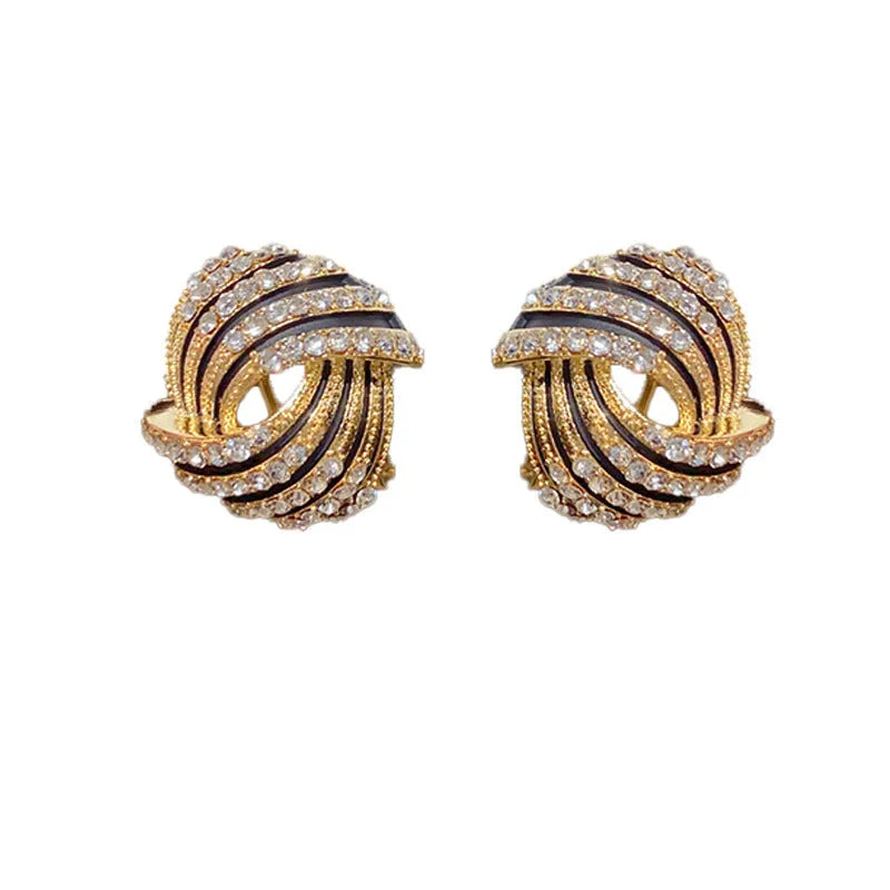 Pair of super flash rhinestone ear studs with thick real gold plating on copper base, geometric shape
