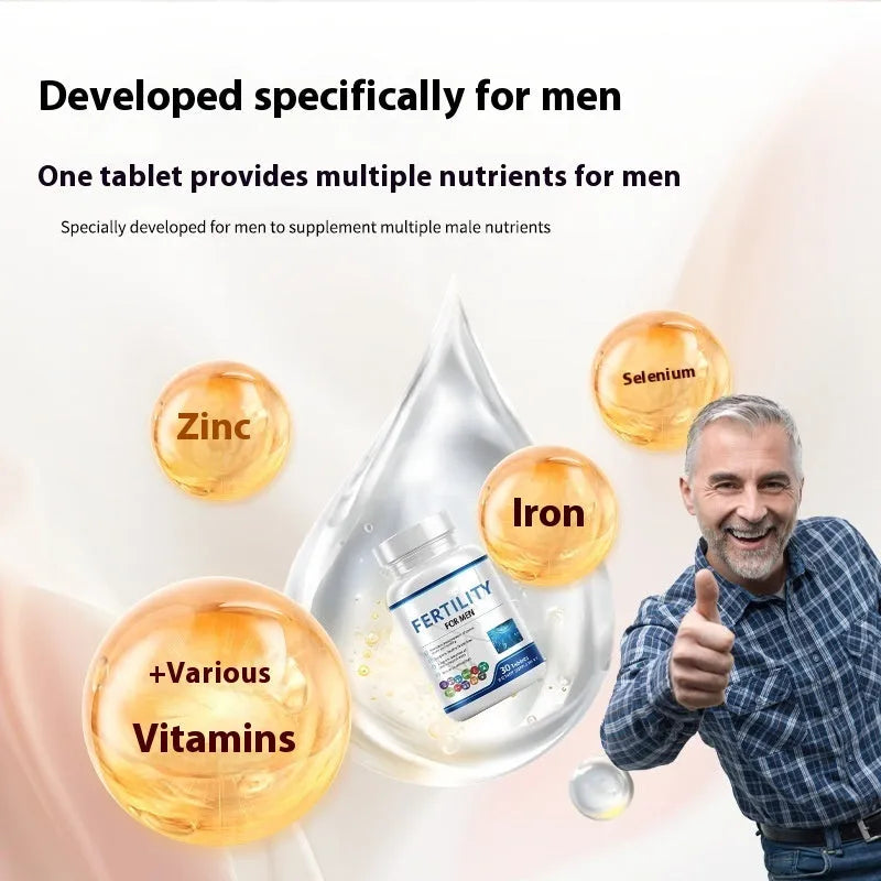 Bottle of 60 male fertility tablets with vitamin mineral amino acids formula.