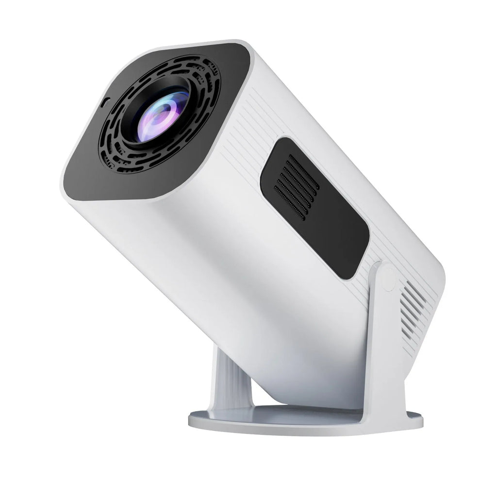 Black or white P330 portable mini projector with remote control on a table.