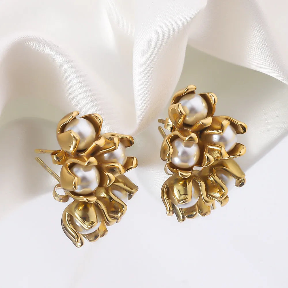 18K gold plated titanium steel flower earrings with sphere design for women