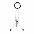 Portable phone holder with black climbing button carabiner on grey background, aluminium alloy and silicone construction