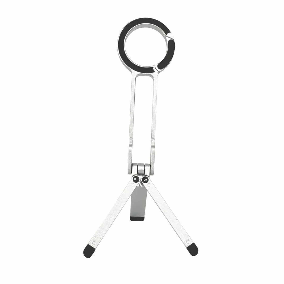 Portable phone holder with black climbing button carabiner on grey background, aluminium alloy and silicone construction