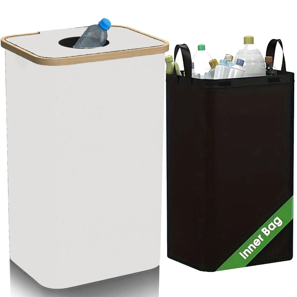 Black bamboo patterned laundry basket with removable lid showing recycling bottle storage slots and inner pockets