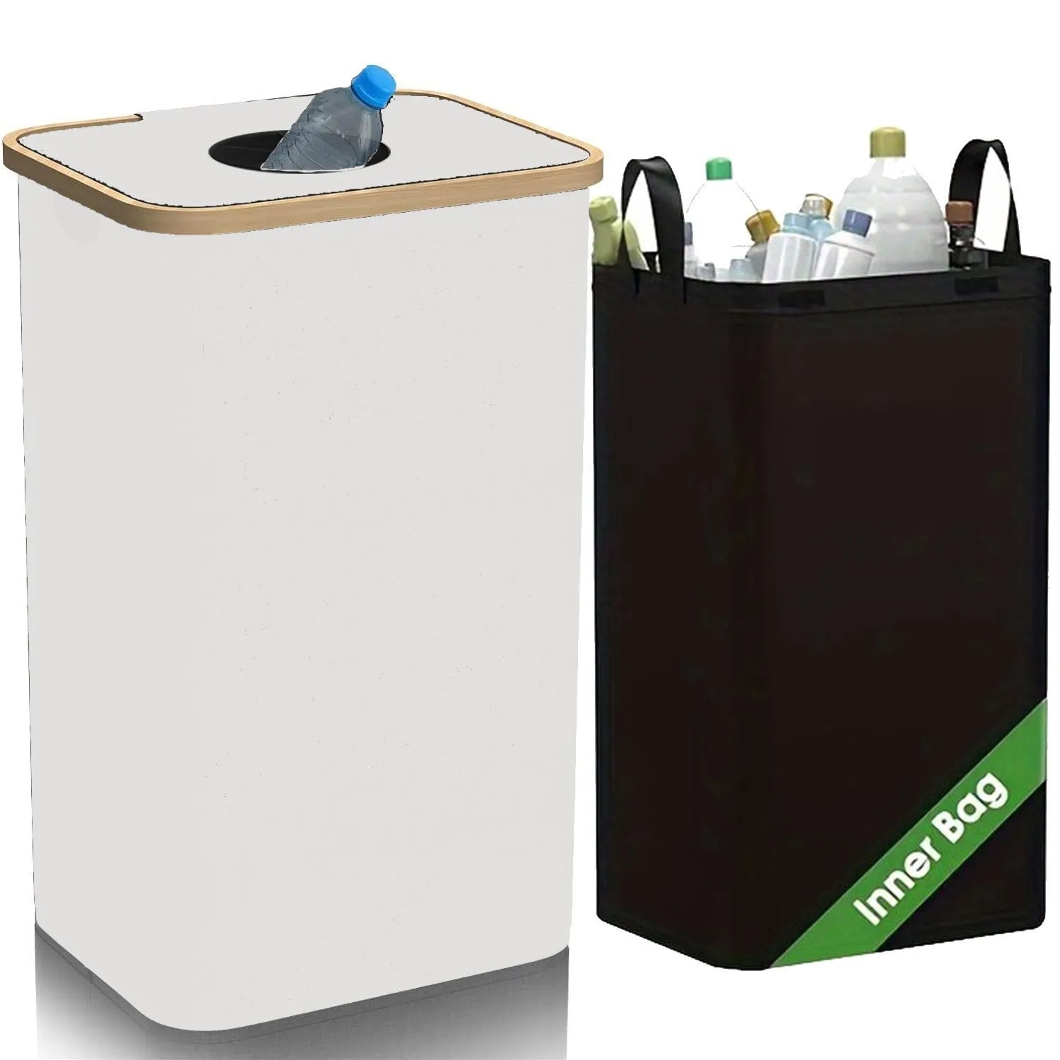 Black bamboo patterned laundry basket with removable lid showing recycling bottle storage slots and inner pockets