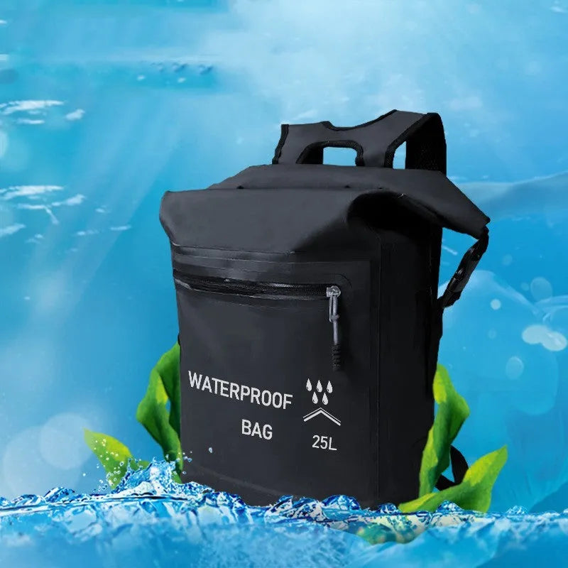 Black 25 litre waterproof backpack for outdoor swimming and rafting activities