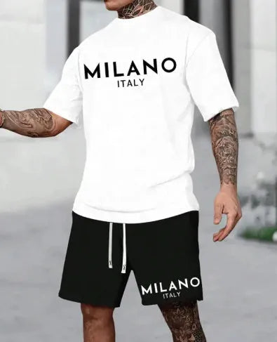 European style short sleeve polyester suit with round neck top and matching shorts in various colours