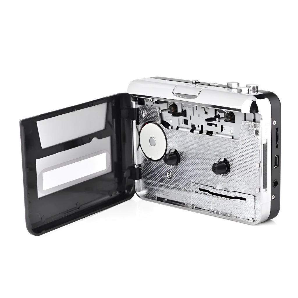 Silver USB cassette tape converter unit for converting tapes to MP3 digital audio files