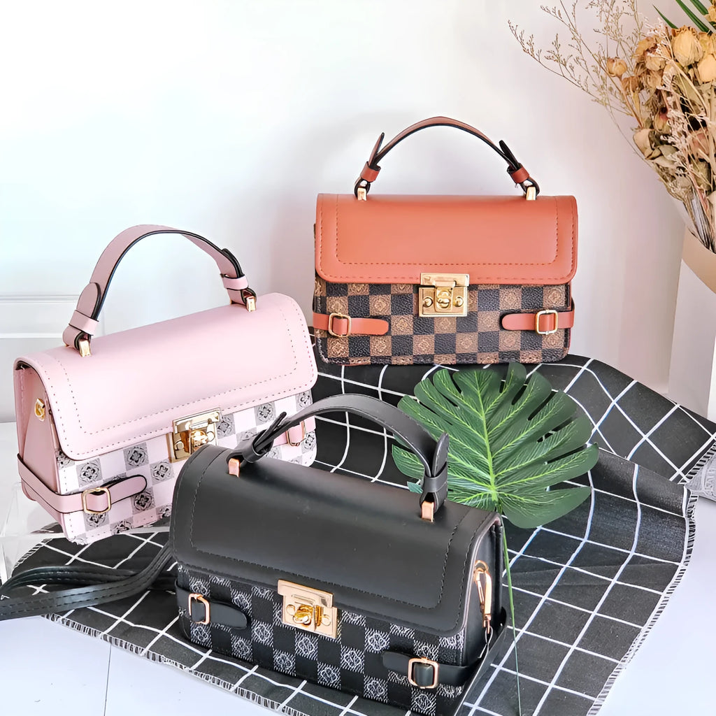 Retro patterned PU leather crossbody bag in a horizontal square shape on a white background.
