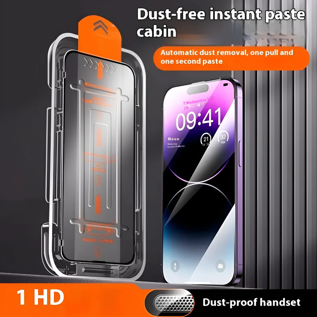Tempered glass screen protector for iPhone with anti-peep privacy feature, ultra clear option, and dust-free bin