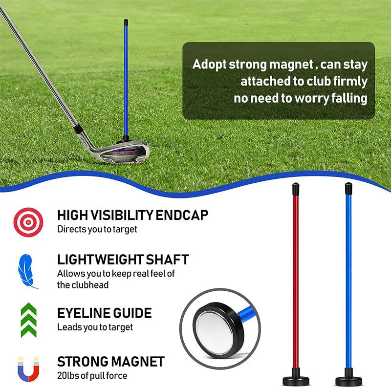 Red aluminium alloy magnetic golf alignment trainer bar on a putting green.
