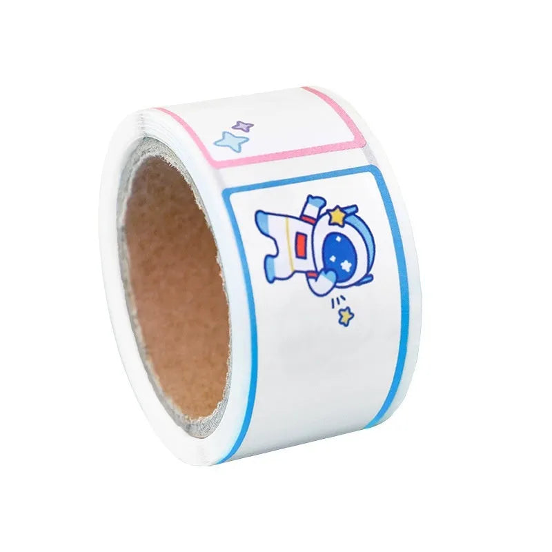 Roll of cartoon-themed adhesive name tape stickers showing dinosaur, astronaut, rabbit, and girl designs.