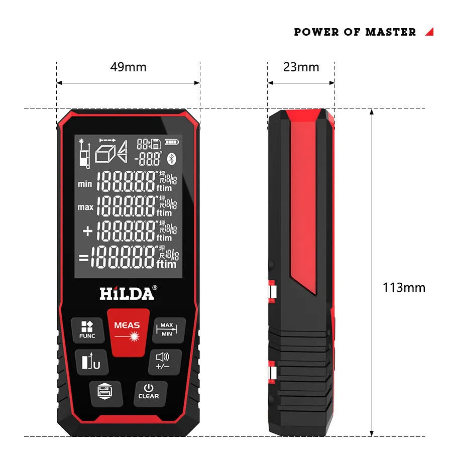 Plastic laser rangefinder device for measuring distances up to 120 metres.
