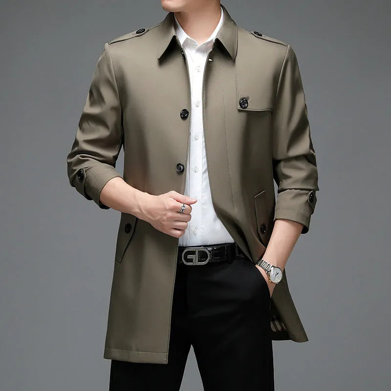 Men's mid-length lapel trench coat in black, 65cm length, chemical fibre blend fabric