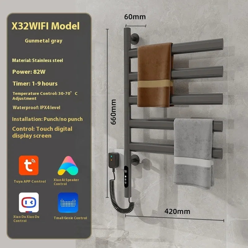 5-layer stainless steel electric towel rack in black with punch-free mounting and WiFi control