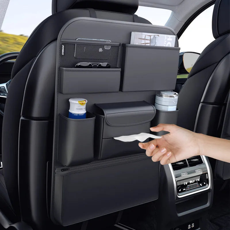 Black leather car seat hanging storage bag with carrying handle in two size options