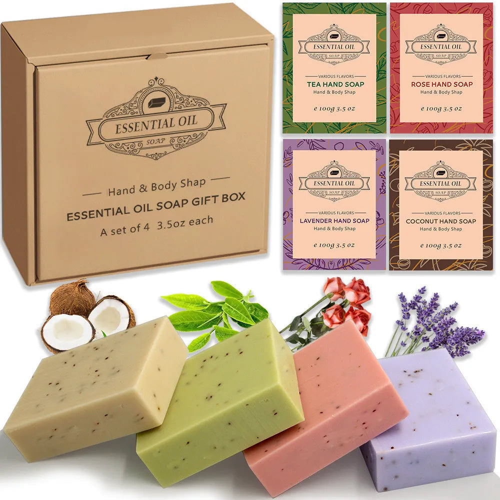 Handmade frosted essential oil soap bar on a bathroom surface, showing its textured finish.