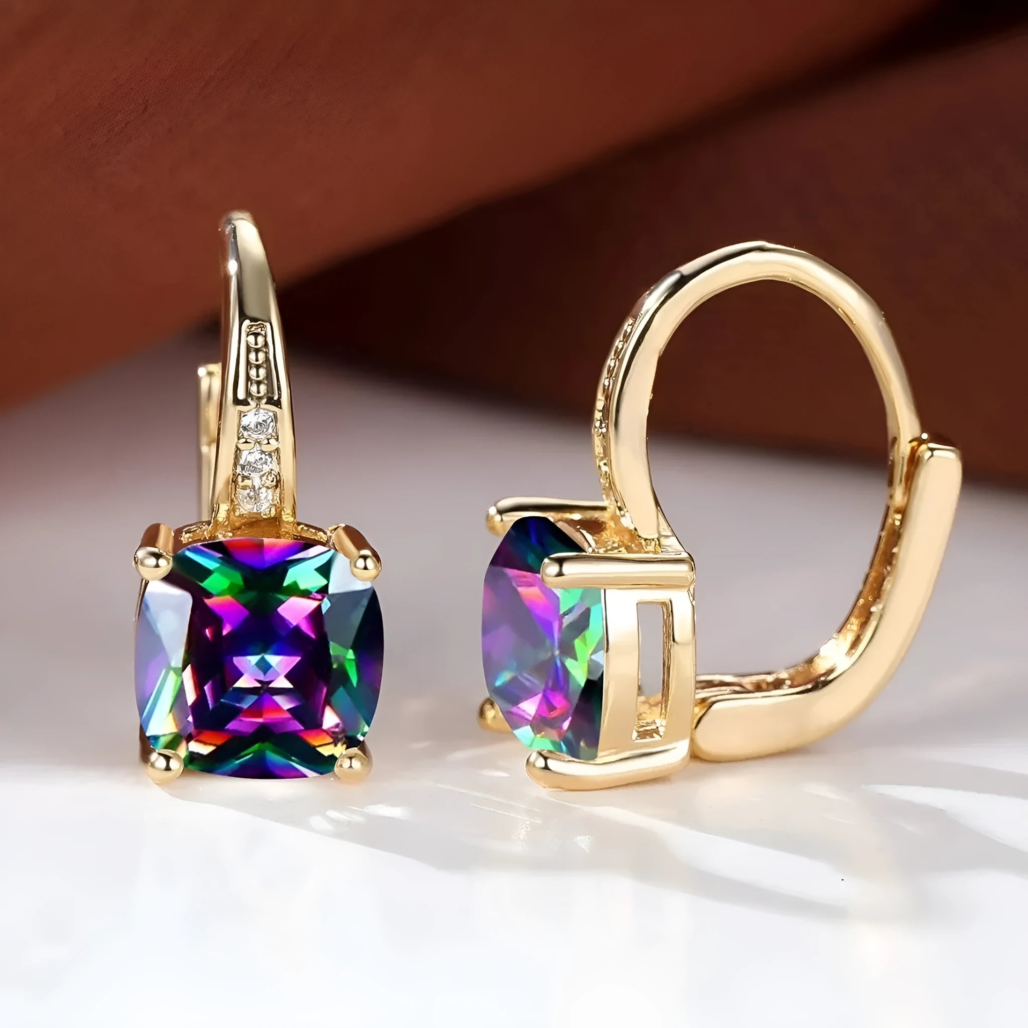 Square geometric ear clips with colourful moissanite stones in gold electroplated finish
