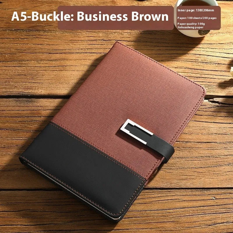 A5 leather notebook in choice of colours with gift box, open to show wood-free paper.