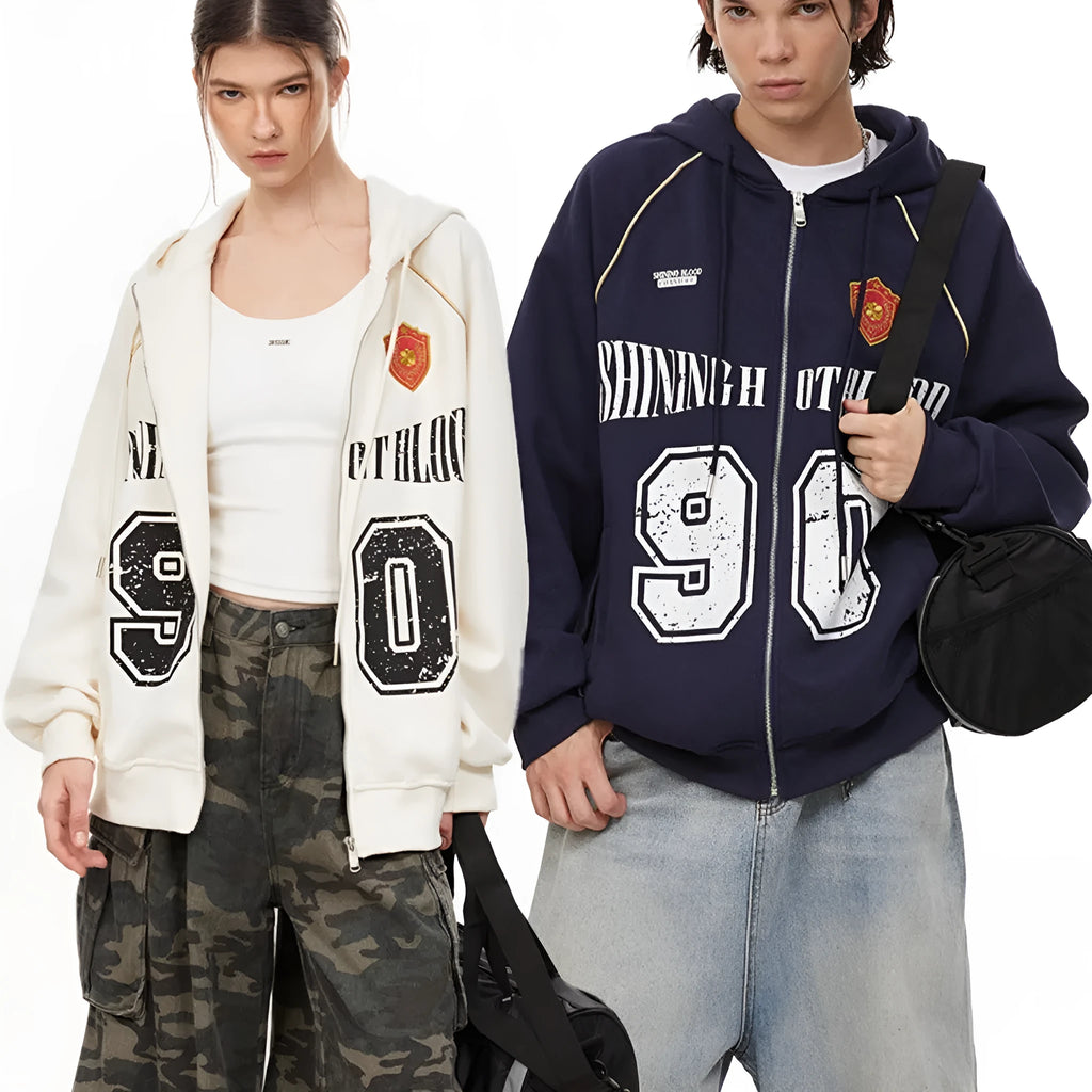 Women's red American retro-style loose hooded jacket with white letter embroidery on the front.