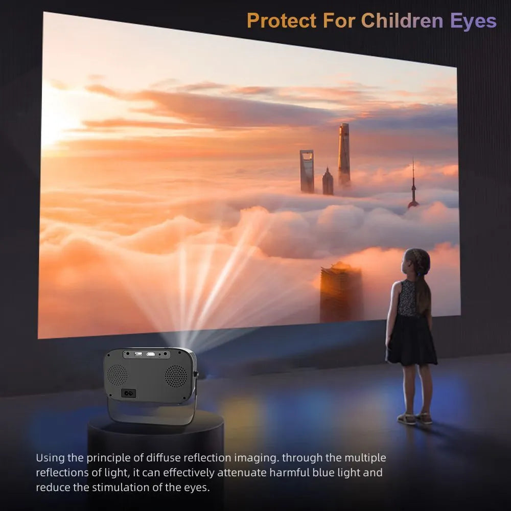 Black portable HD projector with remote control and international plug adapters