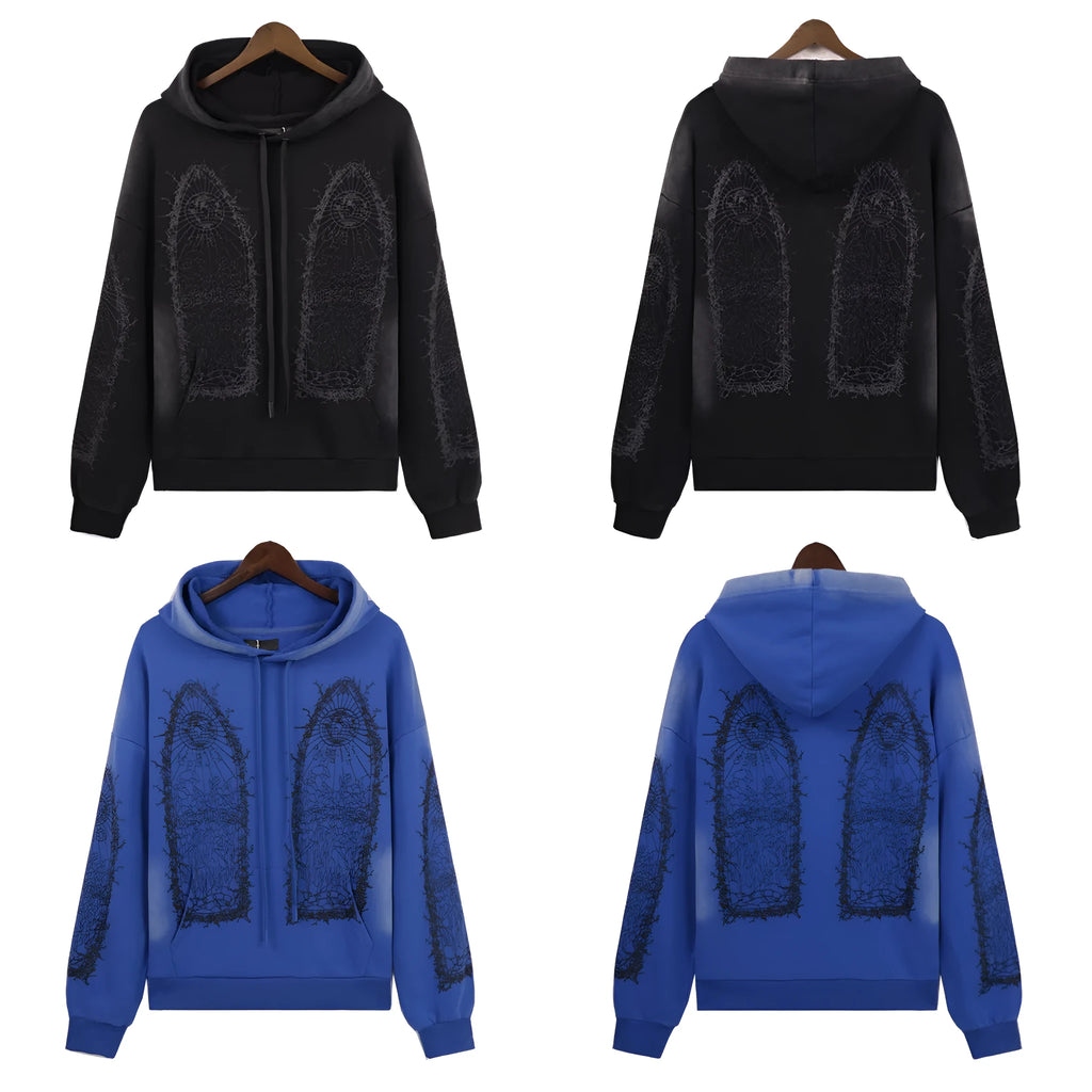 Men's washed distressed cotton terry pullover sweatshirt with heavy-duty classic print, loose fit, black colour