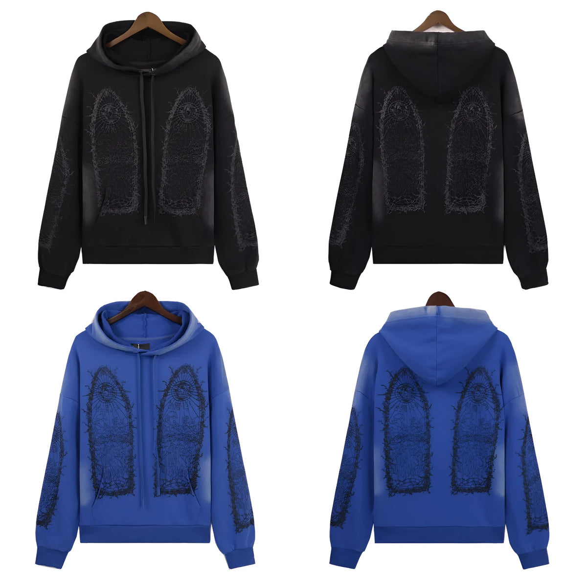 Men's washed distressed cotton terry pullover sweatshirt with heavy-duty classic print, loose fit, black colour