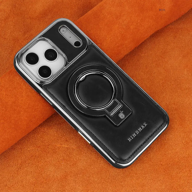 Magnetic leather phone case with kickstand for iPhone, drop-resistant, in black