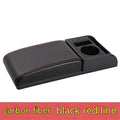 Universal car centre console armrest cover with height increase in black PU leather with red cord detailing