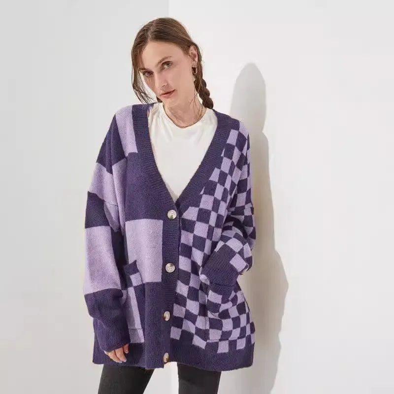 Women's loose fit printed checks pattern knitwear cardigan in polyester-spandex fabric