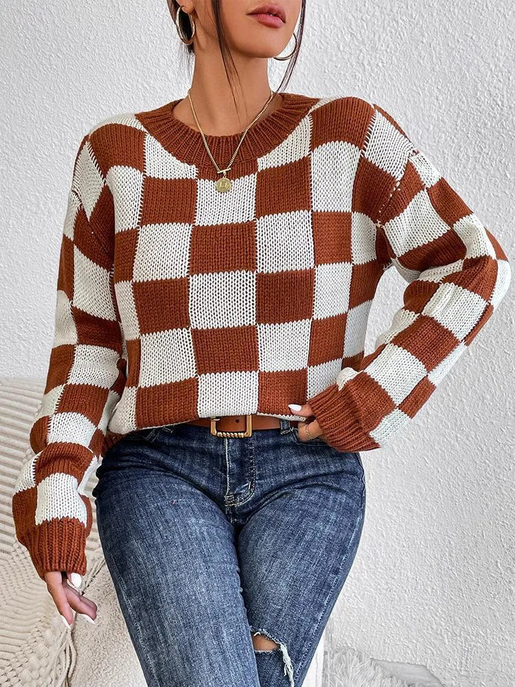 Dark brown plaid pattern women's loose-fit acrylic pullover sweater with long sleeves