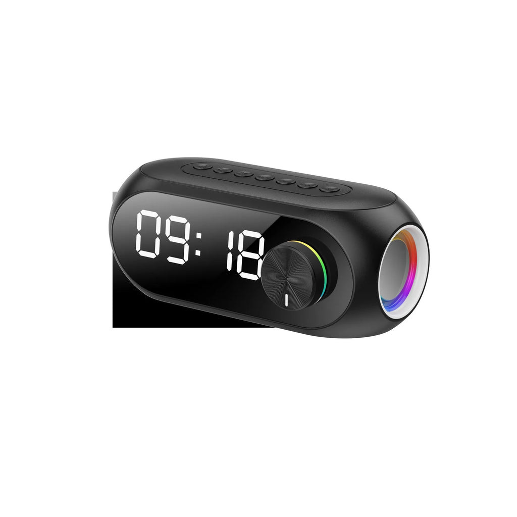 Compact portable Bluetooth speaker in black, white, or blue with USB charging cable.
