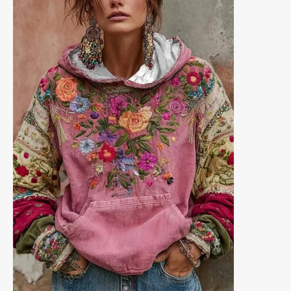 Womens long sleeve shirt with Japanese ethnic cherry blossom print and loose casual polyester fit