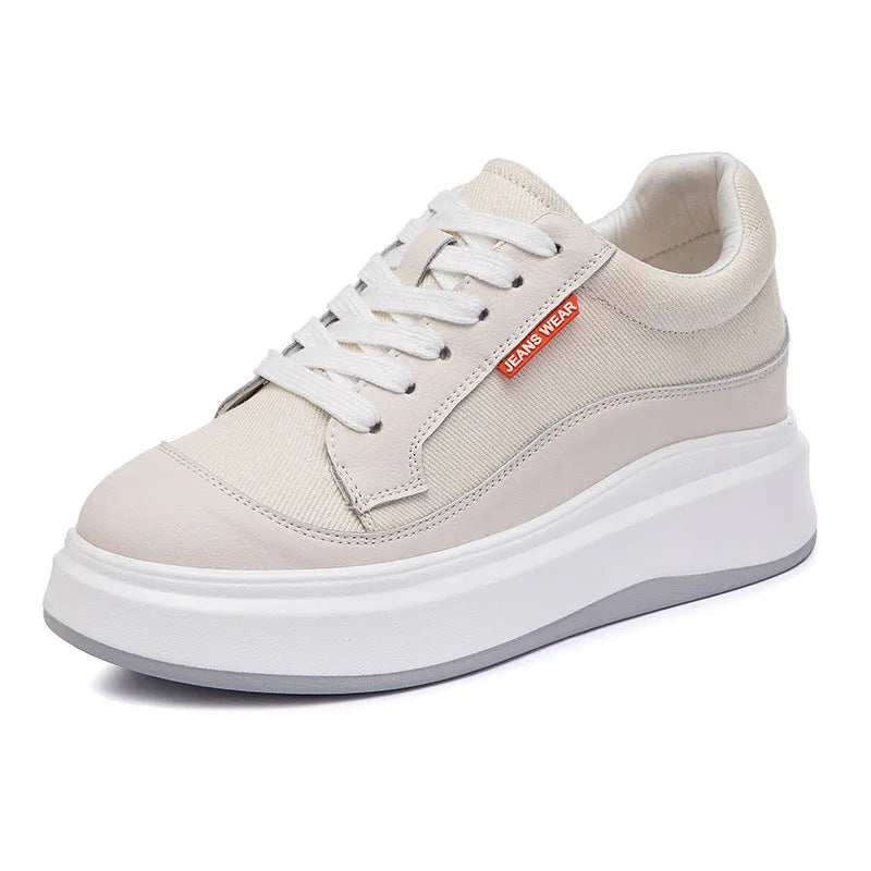 Women's pink leather board shoes with thick soles for height increase