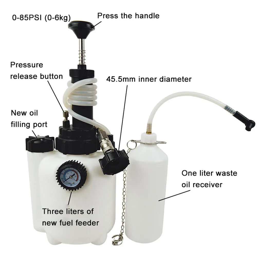 White 3L brake oil tank replacement tool with copper and iron fittings on a compact box.