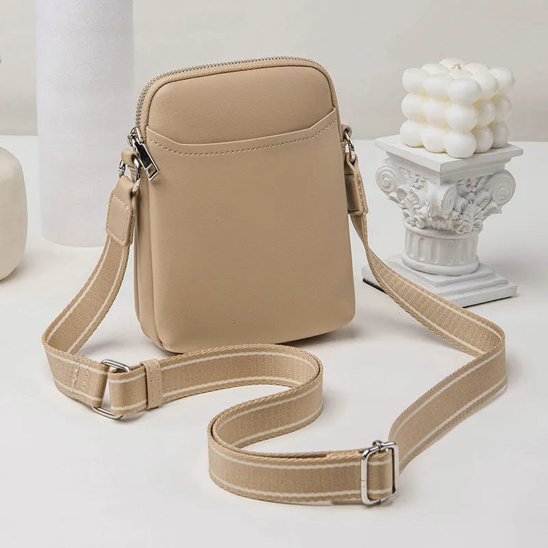 Solid colour PU mobile phone crossbody bag shown in black, beige, khaki, and green.
