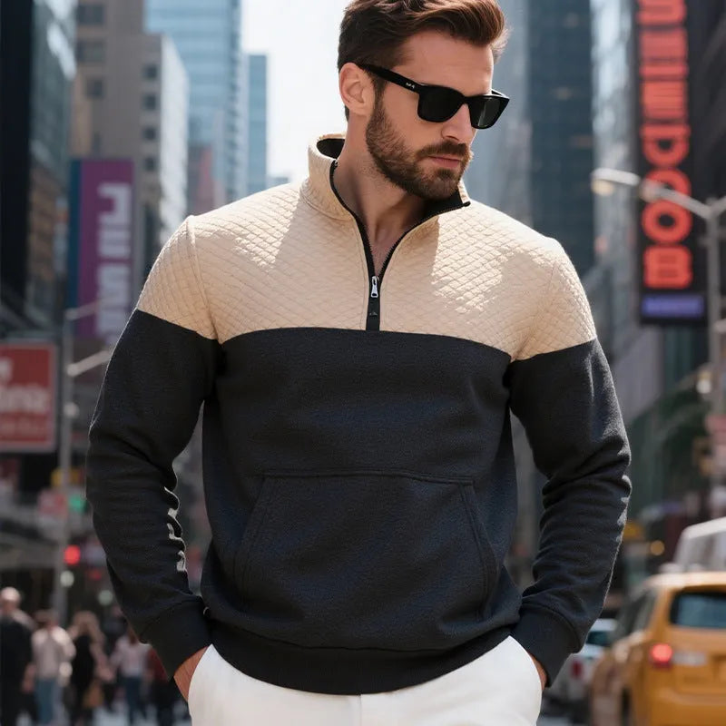 Men's plus size fleece-lined sweater with stand collar and zipper in dark blue, loose fit.