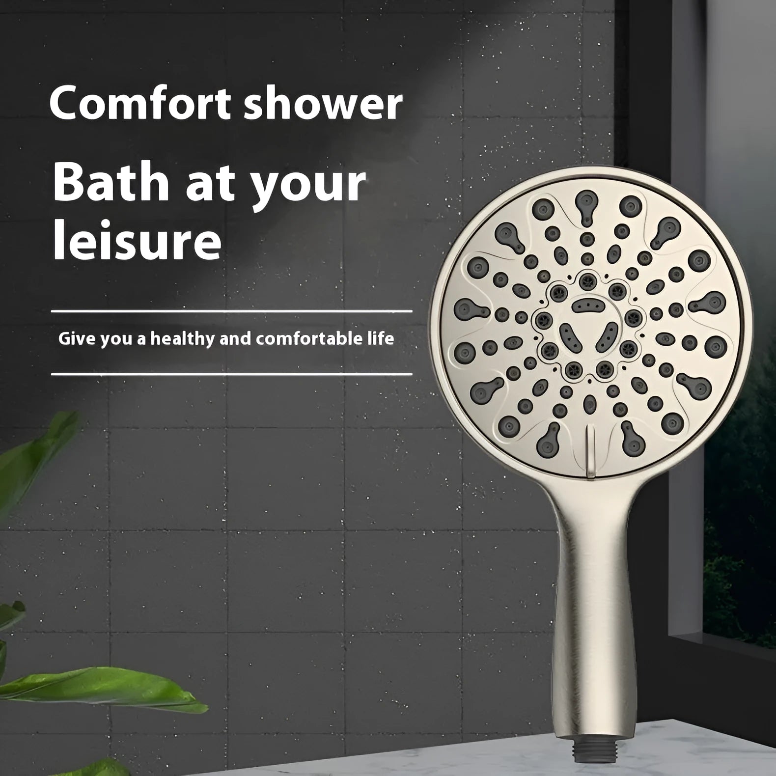 A six-inch silver electroplated handheld shower head with multiple spray function settings.