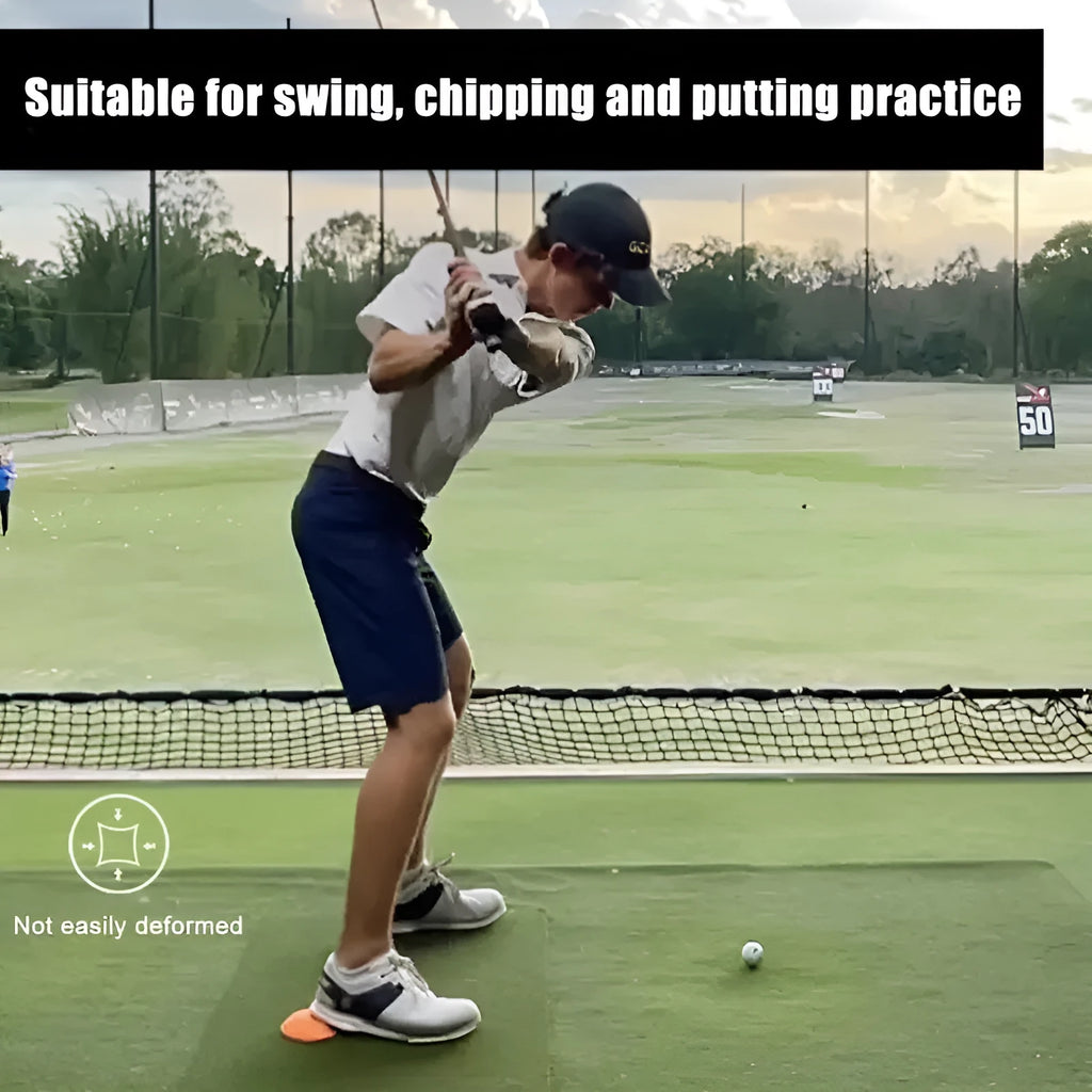 Orange golf strength training mat with natural rubber centre of gravity design for swing practice