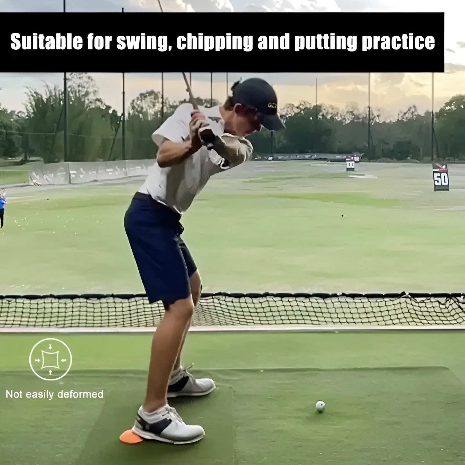 Orange golf strength training mat with natural rubber centre of gravity design for swing practice