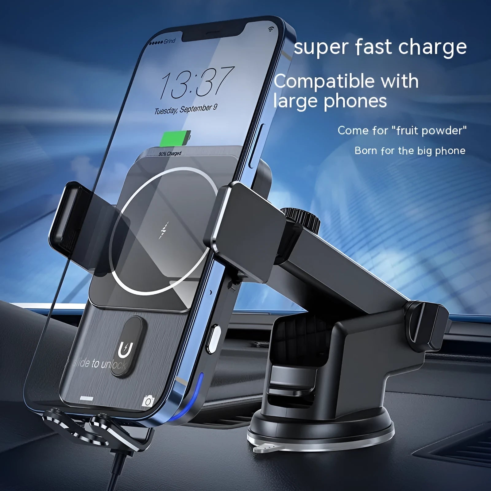 Black car wireless charger mobile phone holder with 15W fast charging capability