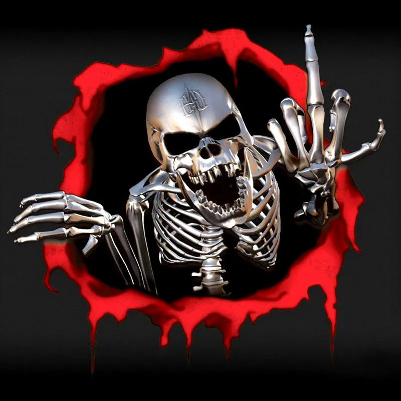 Colourful broken shell metal skull bumper sticker measuring 15 by 14 centimetres