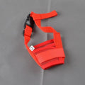 Adjustable plastic dog safety muzzle shown in multiple colours with size chart for S, M, L, XL, XXL.